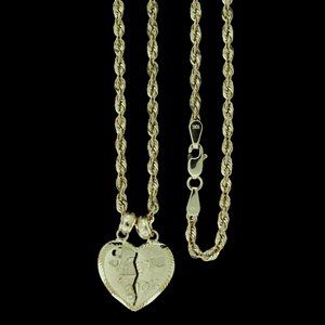 10K Real Gold Rope Chain and I Love You Heart Pendant Set